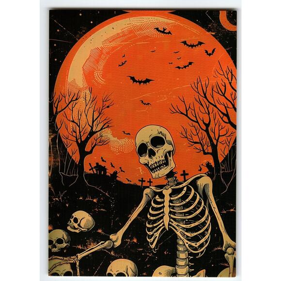 Vintage Halloween Postcard Skeleton Graveyard Bats Full Moon 5.5x4" - Picture 1 of 2